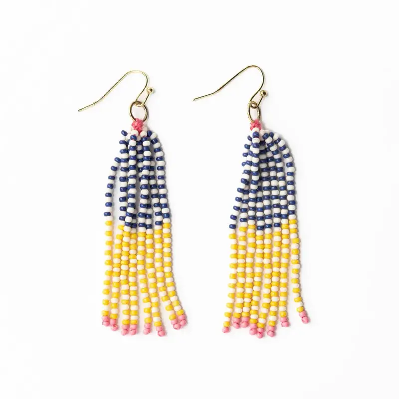 Abbey Tassel Alternating Seed Bead Earrings – Yellow & Ivory 1