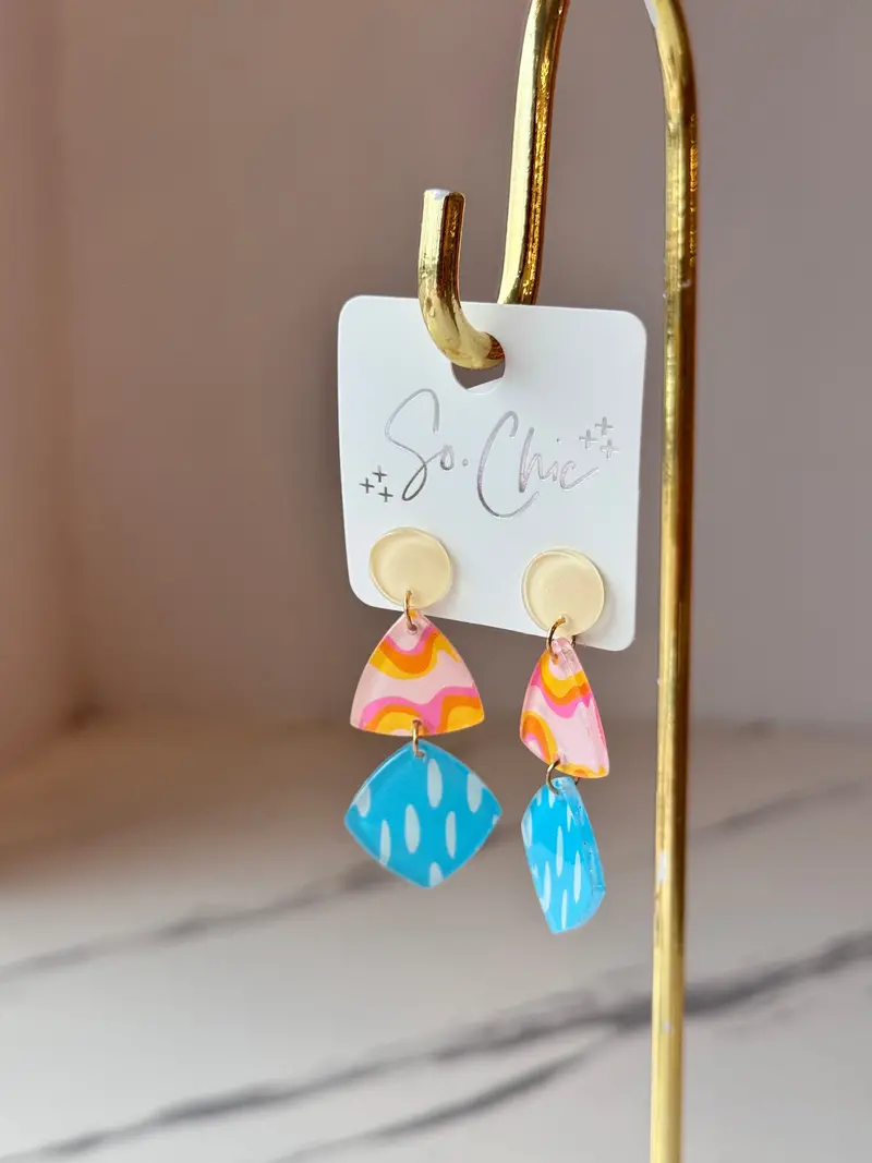 Aqua-And-Pink Geometric Pattern Drop Earrings 1