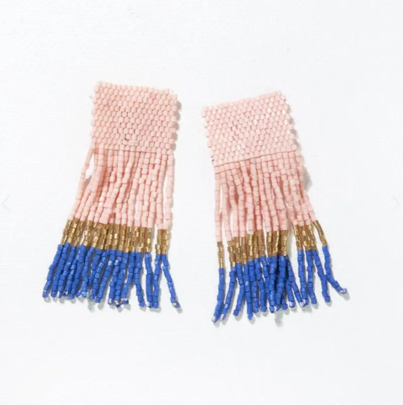 Blush-Tone Color-Blocked Beaded Fringe Earrings 1