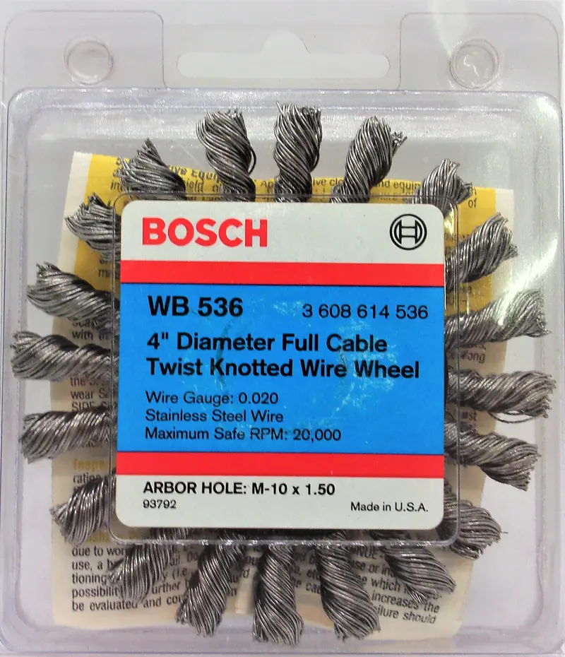 Bosch Wb536 — 4-Inch Stainless Steel Full-Cable Twist Knotted Wire Wheel — M10 × 1.50 Arbor — Usa 1