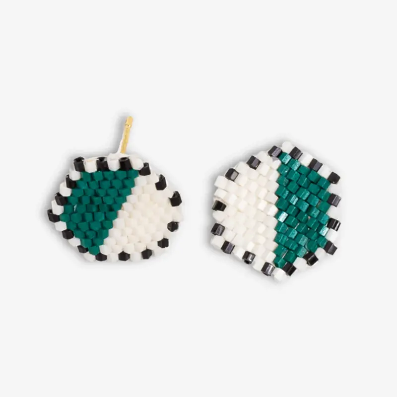 Bright Emerald And Navy Hexagonal Beaded Post Earrings – Casey Series 1