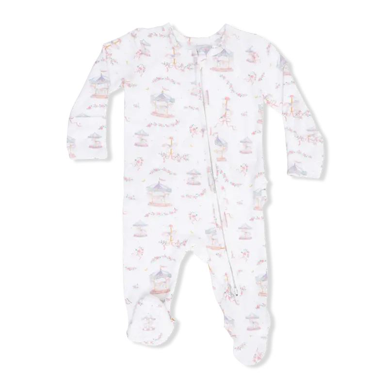 Carousel Motif With Bow Accents Two-Way Ruffle Back Zip-Up Footie 1
