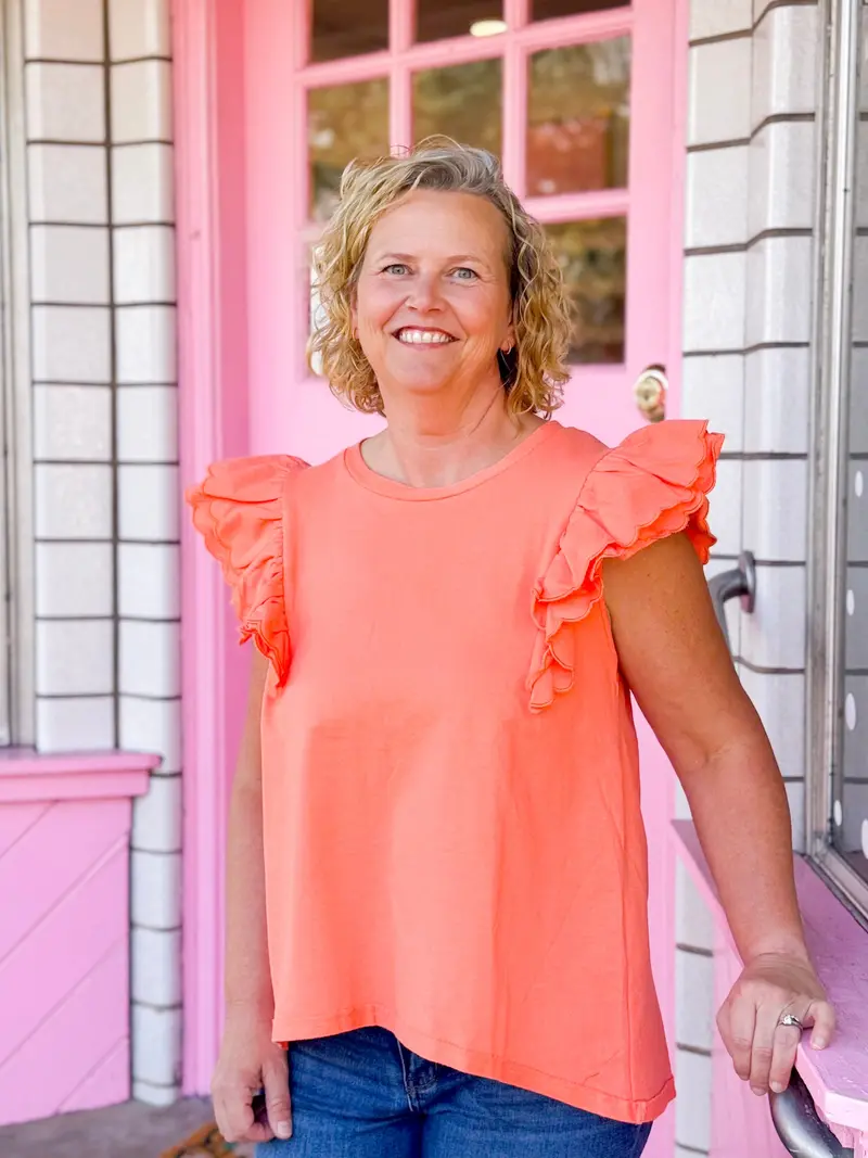 Coral French Terry Top With Ruffled Sleeve Detail 1