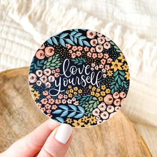 Floral Circle Sticker Featuring 'Love Yourself' Mantra 1