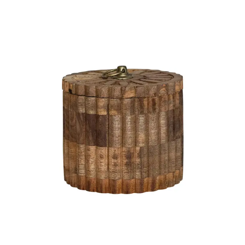 Hand-Carved Mango Wood Pleated Storage Box With Lid 1