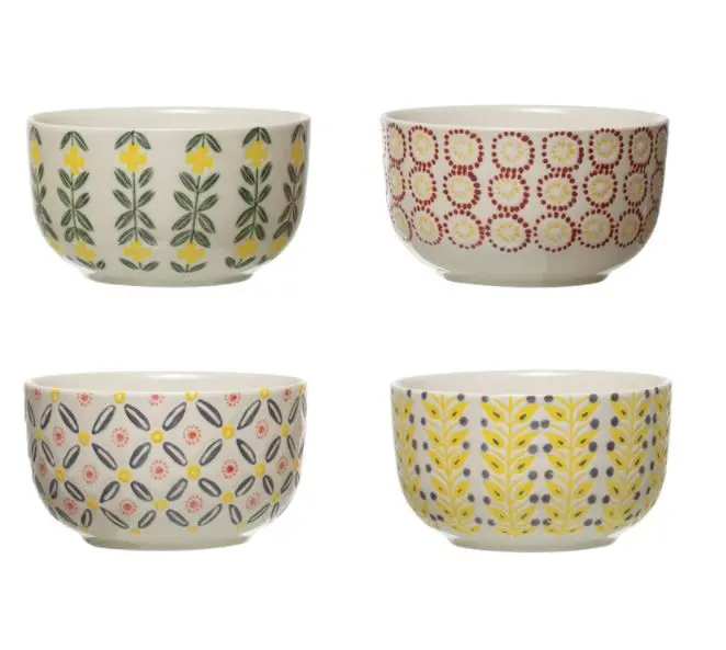 Hand-Painted Stoneware Bowls With Artistic Stamped Motifs 1