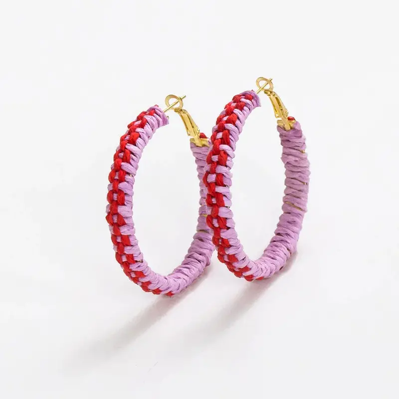 Light Lavender And Poppy Woven Raffia Hoop Earrings 1