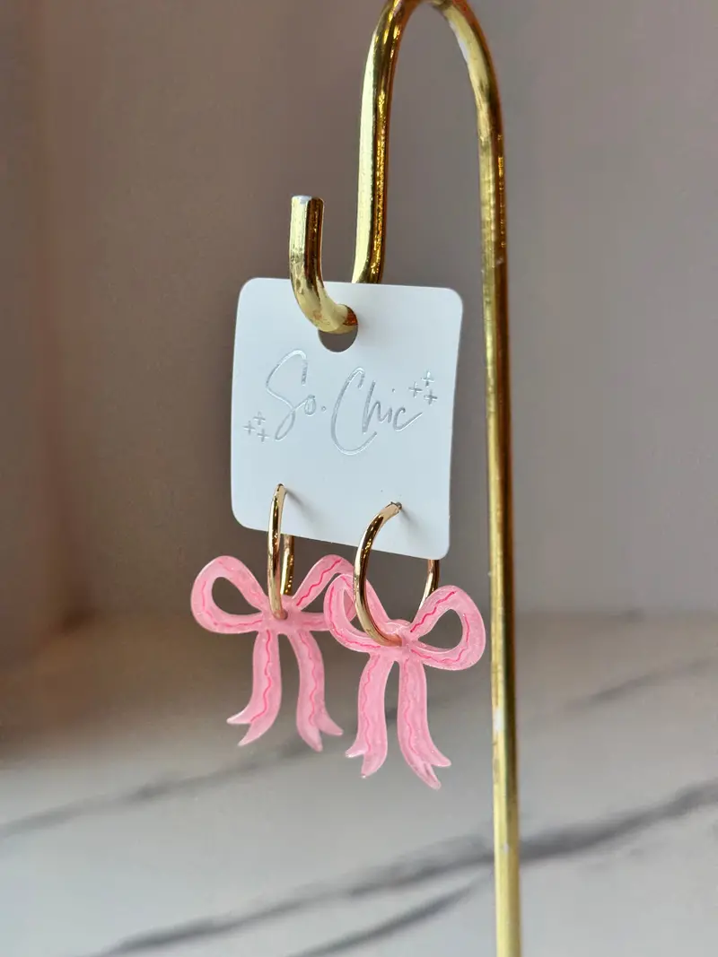 Pink Acrylic Bow Hoop Earrings 1
