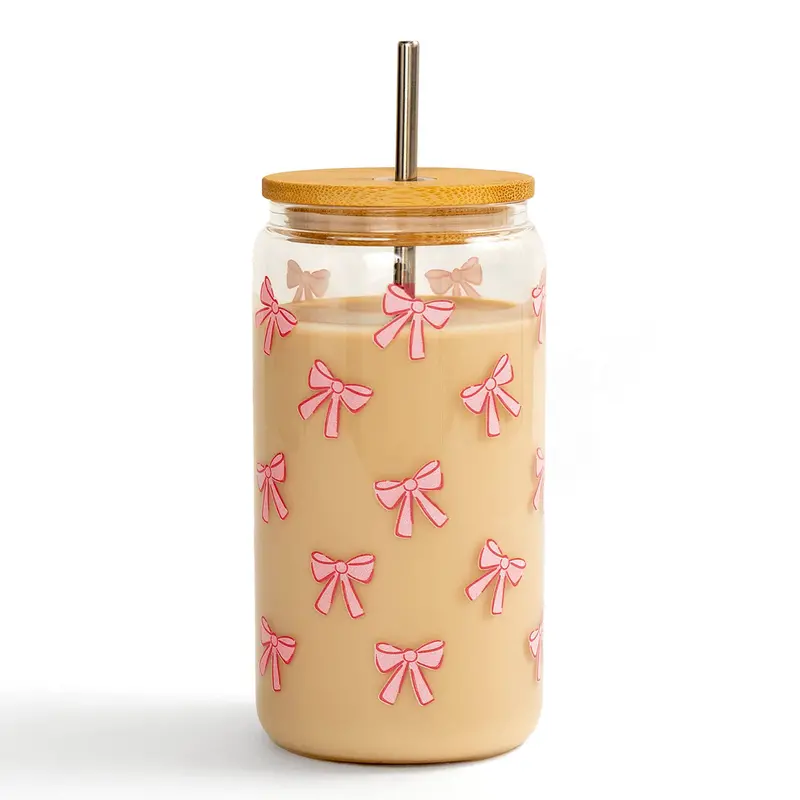Pink Coquette Glass Beverage Can With Bow Accent Design 1