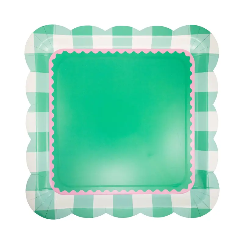 Pink & Green Gingham Scalloped Square Serving Plate 1