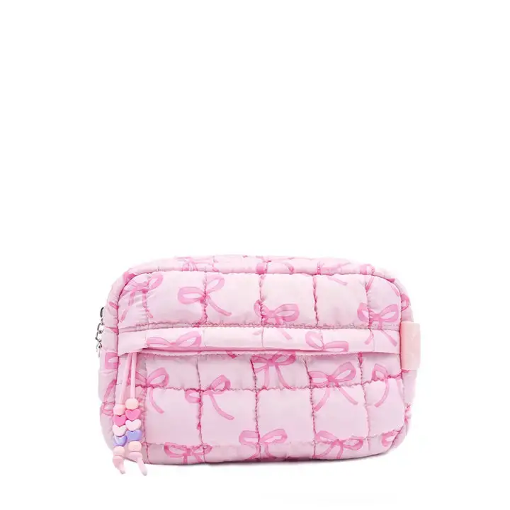 Quilted Scrunchie Pouch With Bow Print – Organized Hair Accessory Carrier 1