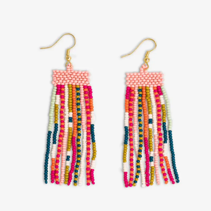 Rainbow-Hued Mixed-Pattern Beaded Fringe Earrings 1
