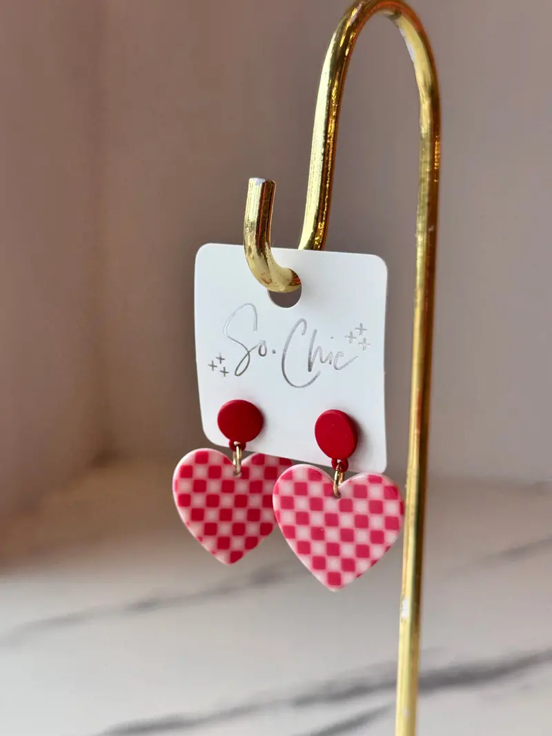Red Checkerboard Dangle Heart Earrings 1