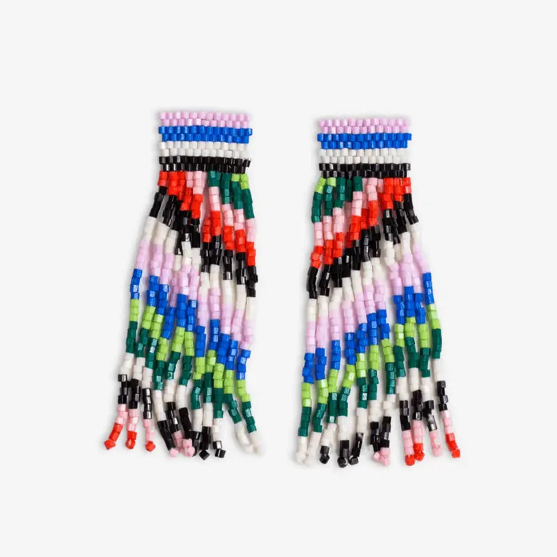 Rio Diagonal Stripe Beaded Fringe Earrings 1