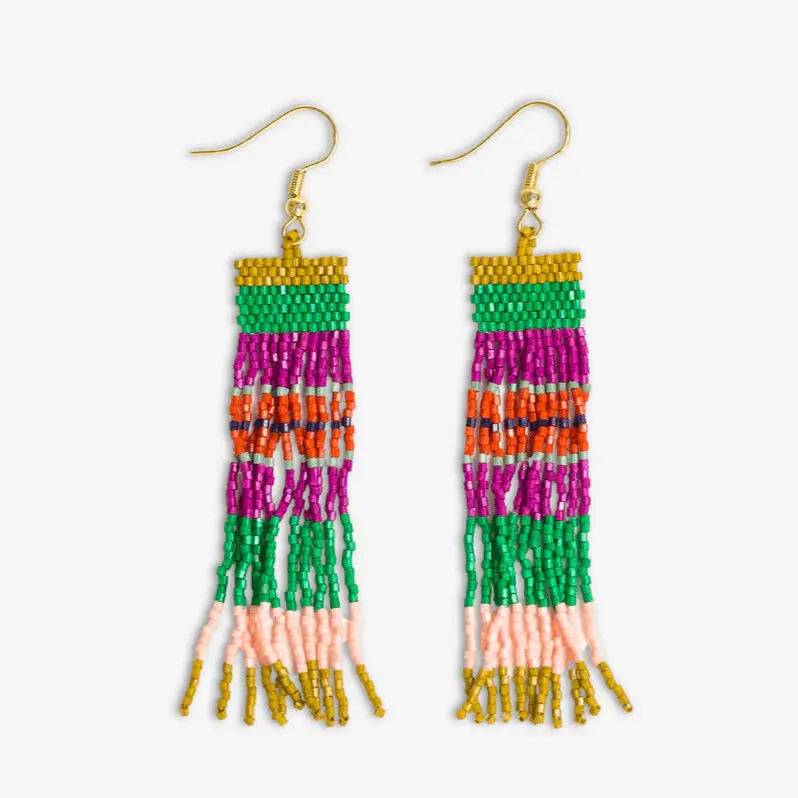 Rio-Print Horizontal Stripe Beaded Fringe Earrings 1