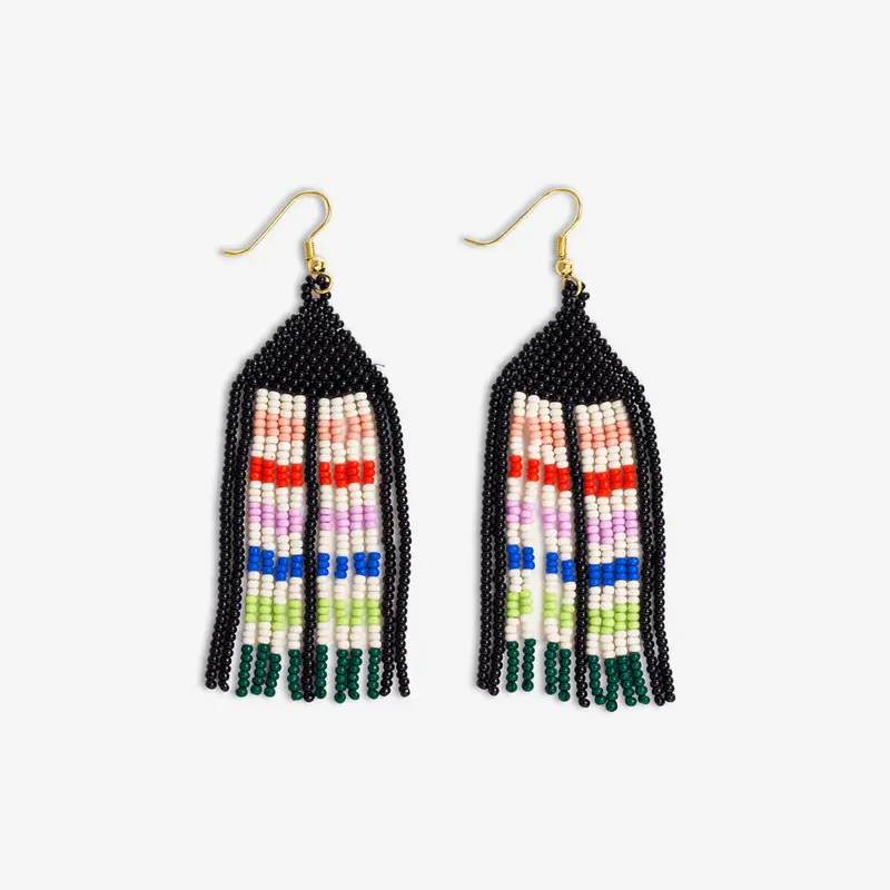 Rio-Striped Center Beaded Fringe Earrings With Black Border – Dolly Style 1