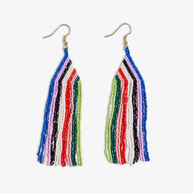 Rio-Themed Thin Waterfall Stripe Beaded Fringe Earrings 1