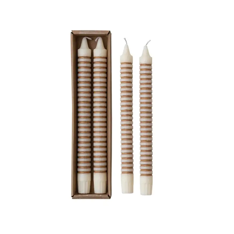 Tan Striped Taper Candles For Elegant Tablescapes 1