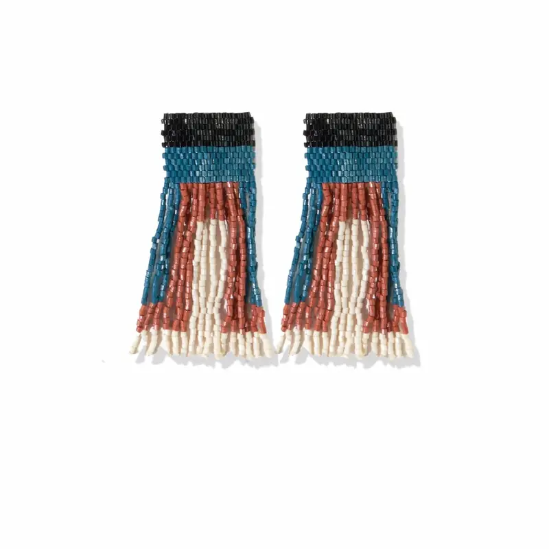 Teal Geometric Beaded Fringe Earrings 1